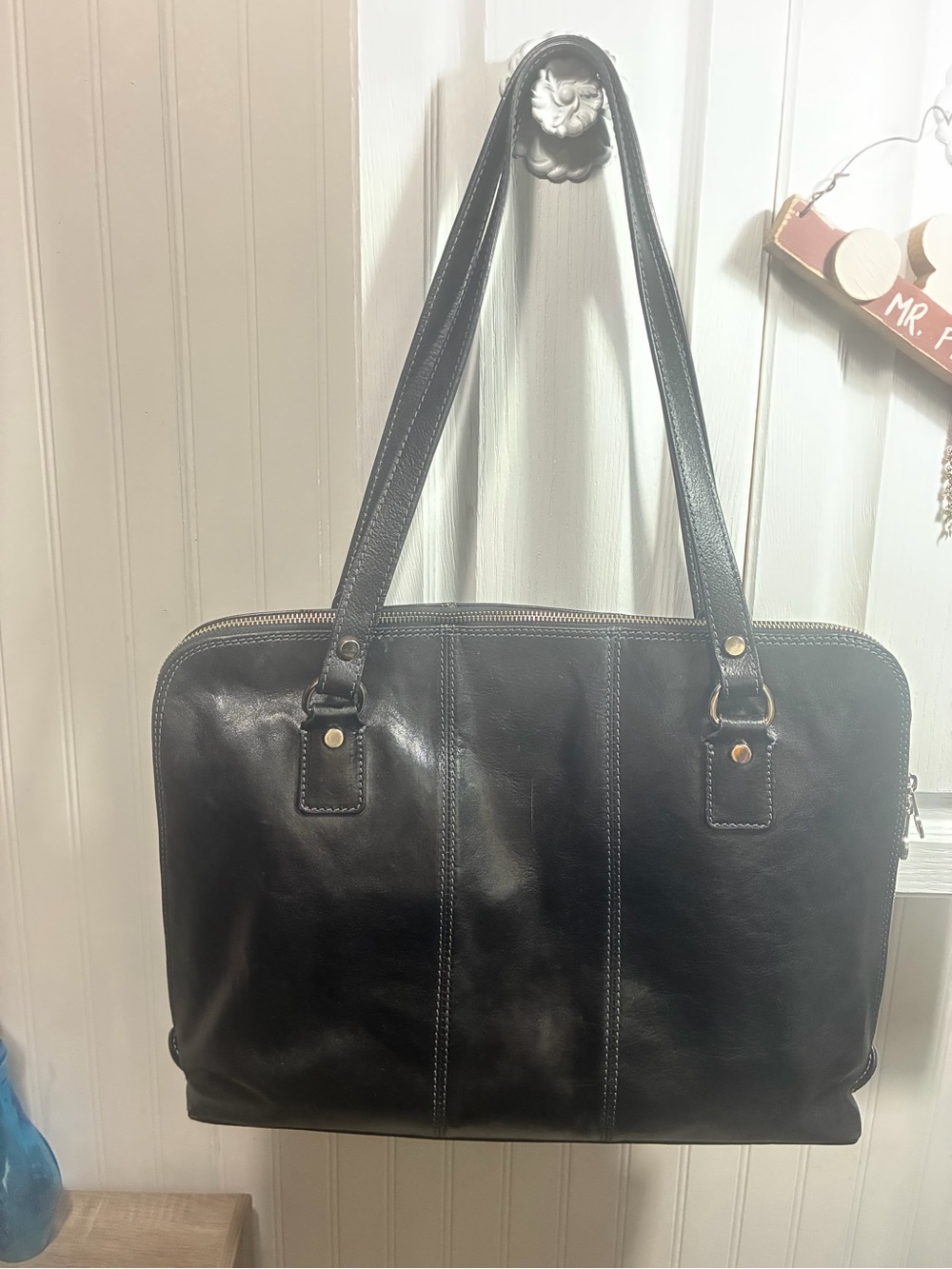 D&D Frenzi Vintage Black Genuine Leather Handbag Tote Satchel Italy